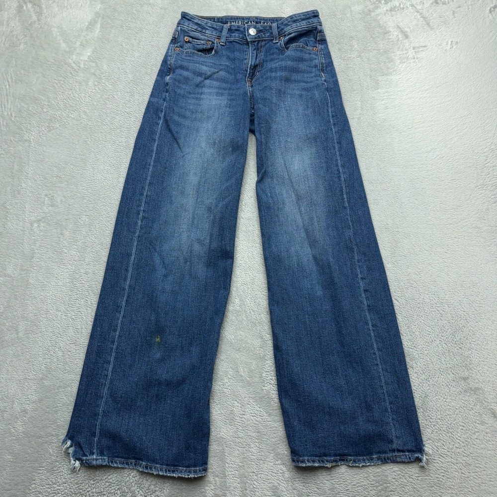American Eagle Low-Rise Baggy Wide Leg Jeans Womens 000 Regular Blue Cotton